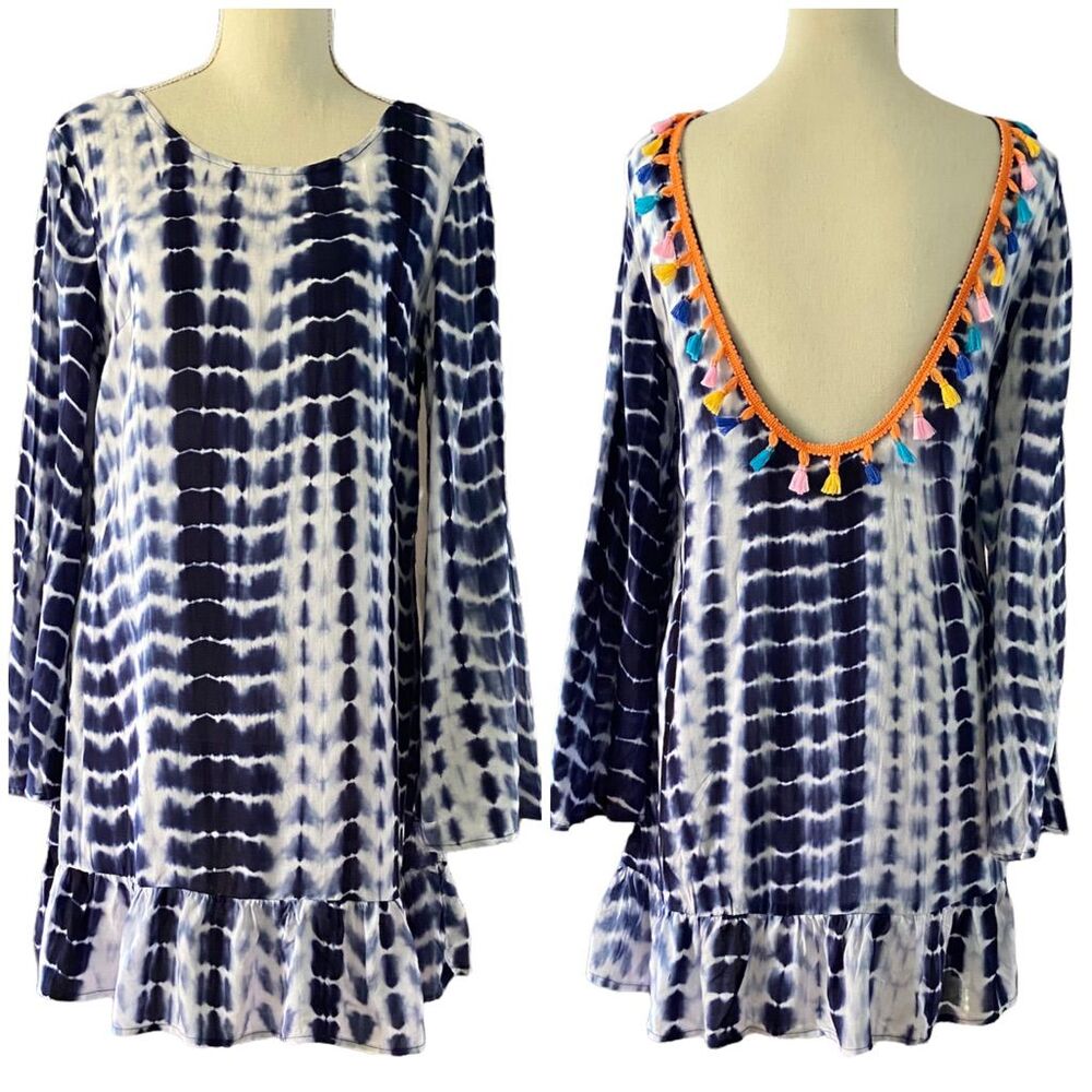 Raga Tie Dye Scoop Back Tassel Boho Chic Tunic Cover Up  S